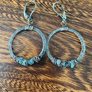 Green Raw Diamond and Wire Wrapped Hoop Dangle Earrings